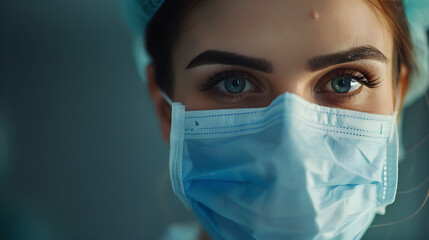Detailed shot of a focused female surgeon in scrubs and surgical mask lowered 