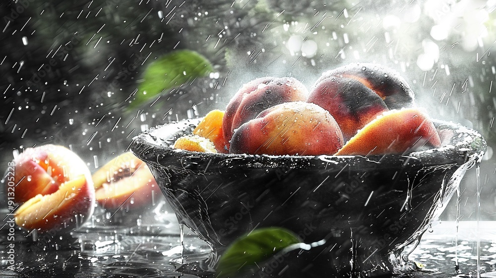 Poster a close-up of a fruit bowl on a table with water droplets splashing and a tree in the background