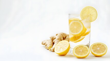A realistic face view of lemon and ginger detox water with slices of lemon and ginger root in a glass, arranged on a white background