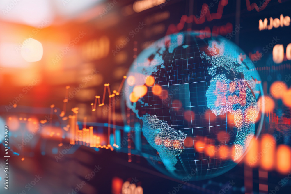 Poster close-up of a digital globe overlaid with financial graphs, symbolizing global commerce and data ana