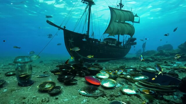 A shipwrecked ship is floating in the ocean with a bunch of debris around it. The scene is eerie and desolate, with the ship and its debris scattered throughout the water. Scene is one of sadness