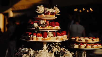  A stack of three tiered trays, each holding a variety of cakes and cupcakes