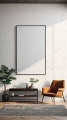 A Living Room With Chair, Table, and Large Picture Frame