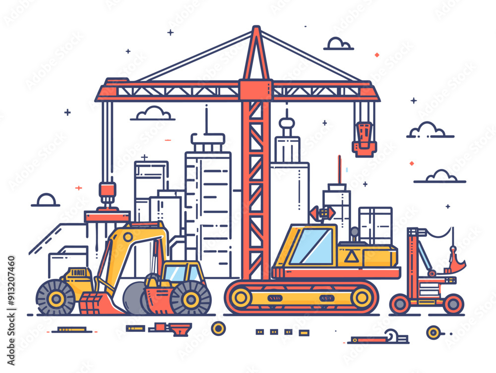 Wall mural construction site with crane, excavator, forklift and building. vector illustration.