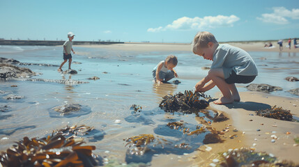 A sandy beach with a tidal pool kids exploring marine life within it.