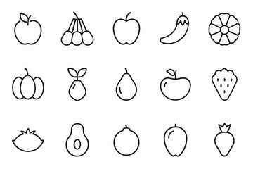 Vegetarian Fruits & Vegetables Minimal Thin Line Icon Set | Isolated on White Background