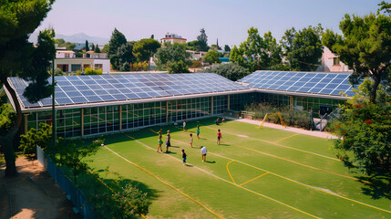 A school with solar panels installed on the roof students playing in the yard.