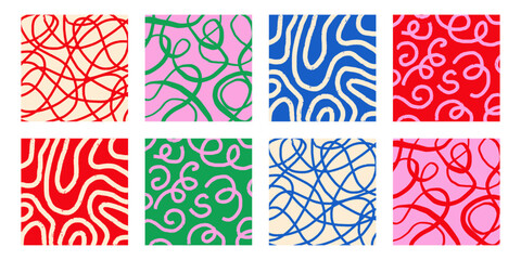 Set of colorful hand-drawn patterns with different pencil textures. Vector scribbles, crosshatch, stripes, organic shapes on a bright background.