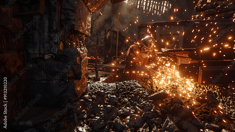 Poster dwarven metalworker uses ancient rune-welding techniques on a mythical artifact deep in a mountain f