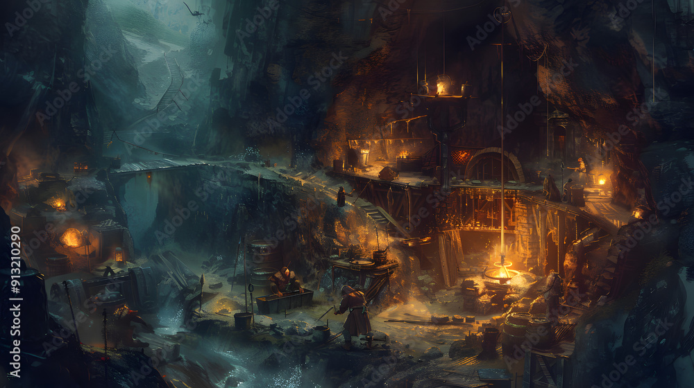 Poster dwarven metalworker uses ancient rune-welding techniques on a mythical artifact deep in a mountain f