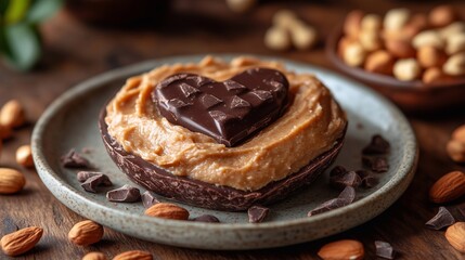 Heart-shaped peanut butter spread on plate with chocolate, peanuts