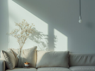 modern living room, interior, minimalist, with sofa and plants, natural lighting, lifestyle interior, interior design, designed home living space. A sense of space and luxury. 
