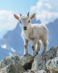 Fototapeta premium A baby goat with an excited expression climbing on rocky terrain with a mountain backdrop.