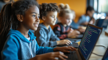 Young learners focused on coding activities using laptops in a workshop setting
