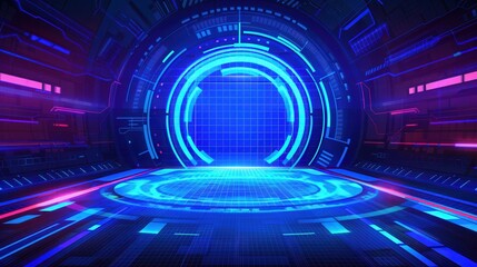 Futuristic digital landscape featuring glowing neon patterns and a circular portal. Ideal for technology and sci-fi themes.