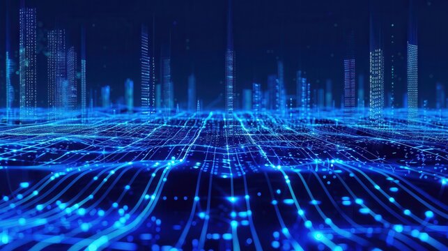 Futuristic digital landscape showcasing glowing blue lines and nodes, representing advanced technology and virtual connectivity.