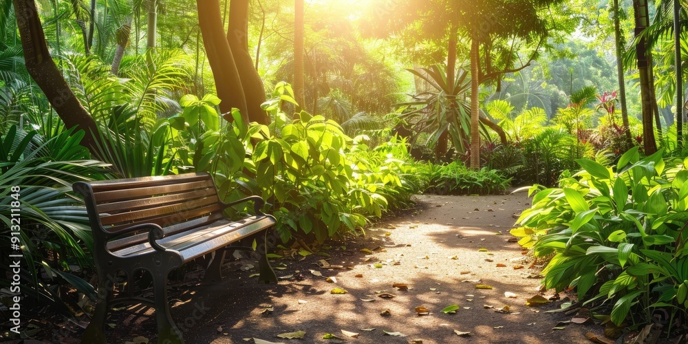 Canvas Prints Bench in a sun dappled park surrounded by lush greenery