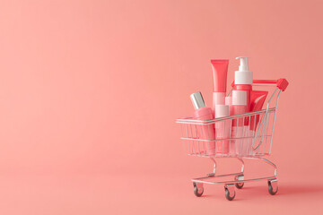 Colorful Collection of Skincare Products in a Mini Shopping Cart on Pink Background