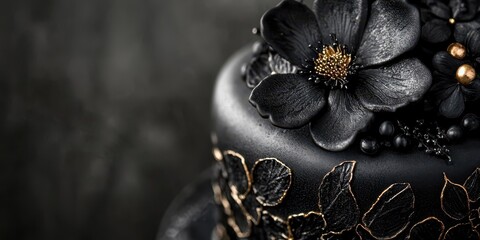 Elegant black cake with vibrant floral decorations against a bokeh background, creating a luxurious and festive atmosphere.