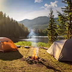 A picturesque camping site in nature with tents and campfire