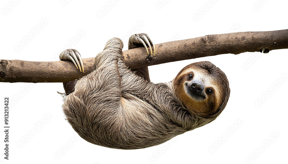 Wall mural a sloth hanging on a tree branch – a sloth hanging from a tree branch, isolated on a white _1(29)