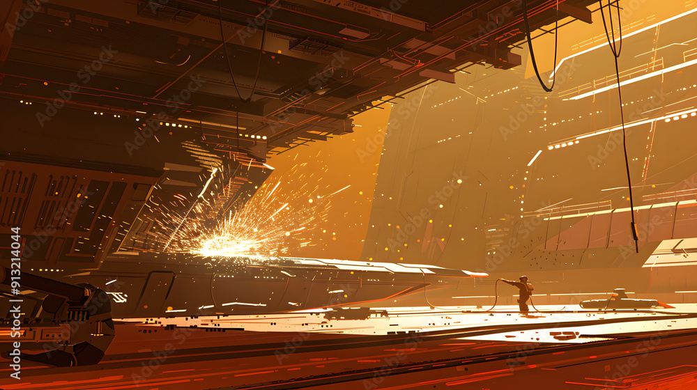 Aufkleber factory scene with a welder creating a cascade of sparks while working on a large metal plate. brown