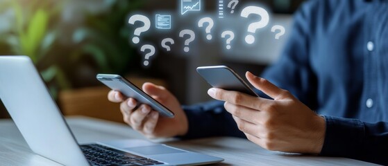 Hands on Mobile Phone and Laptop with Floating Digital Question Marks