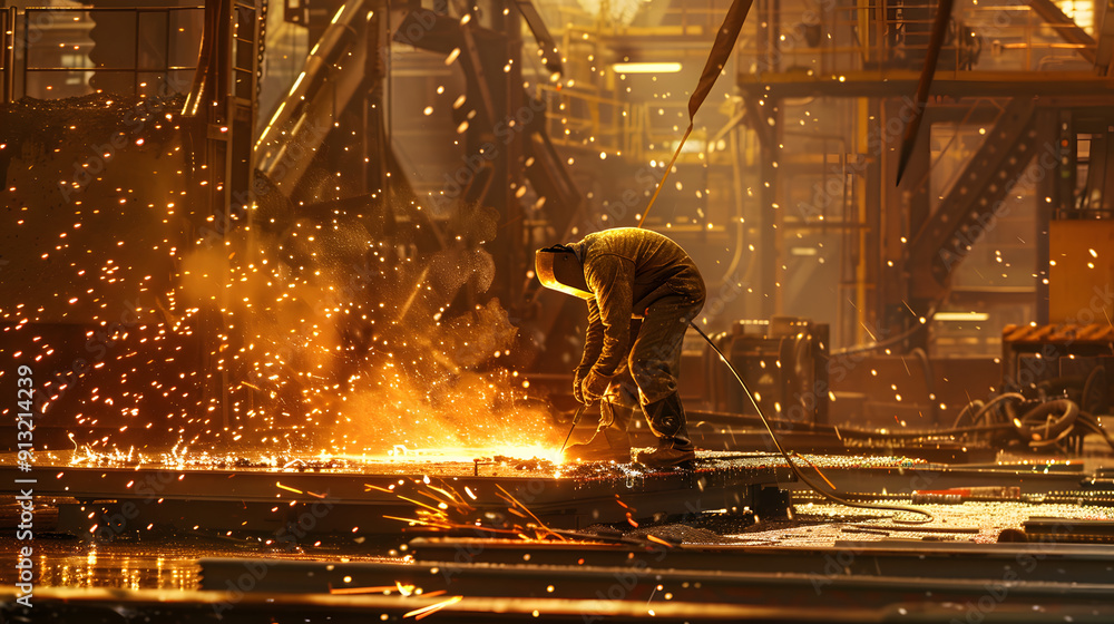 Aufkleber factory scene with a welder creating a cascade of sparks while working on a large metal plate. brown
