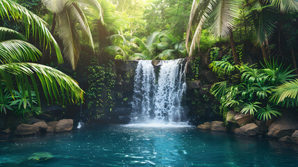 A serene waterfall with turquoise water in a tropical lagoon surrounded by palm trees.