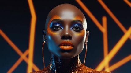 High-fashion, studio portrait featuring a bald individual with dark skin. The subject's facial features are striking, with high cheekbones, a defined jawline, and full lips painted in a vibrant orange
