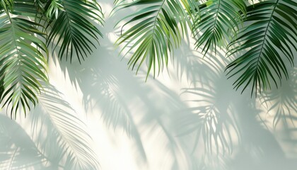 Tropical palm leaves casting shadows on a white wall background