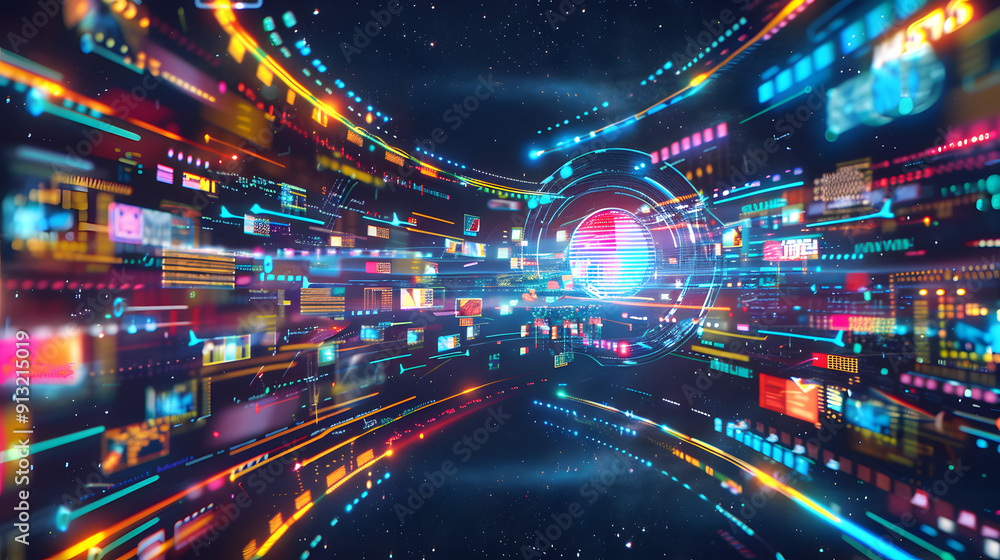 Aufkleber futuristic space station with holographic user profiles floating in zero gravity. interconnected by 