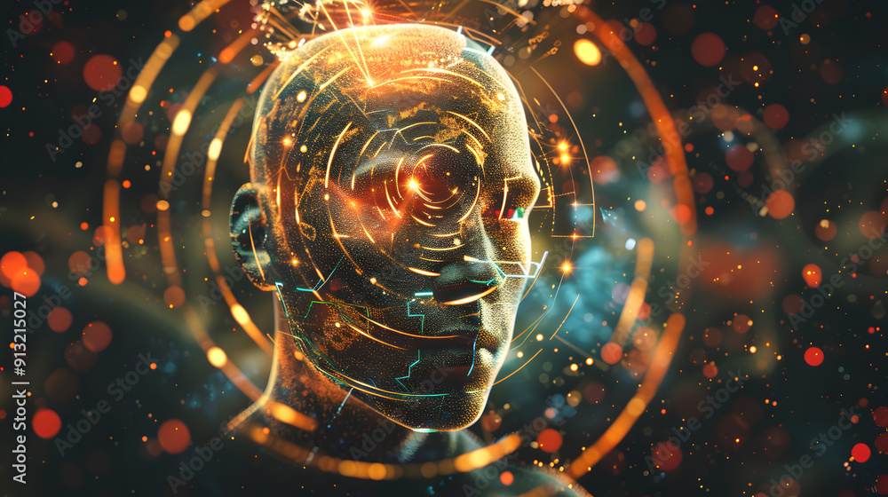 Poster futuristic space station with holographic user profiles floating in zero gravity. interconnected by 