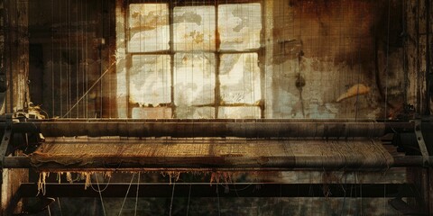 Old photos style digitally manipulated image of loom detail in the interior of a Romanian farmhouse in the Banat region part of Transylvania Romania