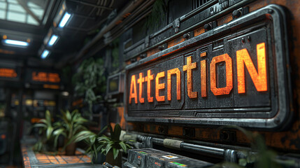 A glowing Attention sign stands out in a tech-inspired industrial space filled with green plants and intricate machinery
