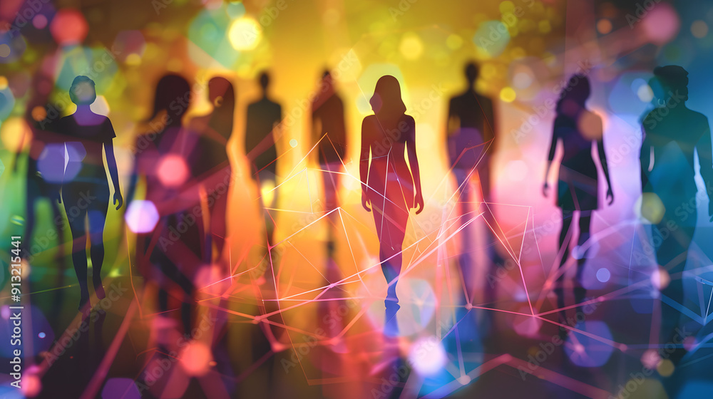 Aufkleber holographic web linking diverse avatars floating in a futuristic cityscape. virtual community visual