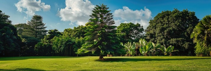 Lonely monkey puzzle tree standing tall in a grassy field of a botanical garden with its prickly green leaves adorning the branches like scales