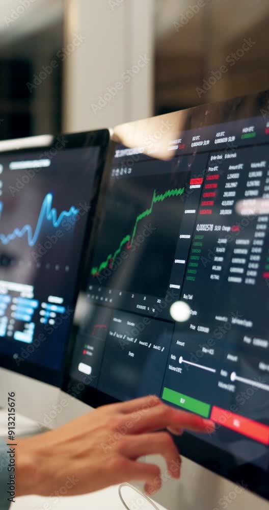 Poster Business people, teamwork and tablet with trading at night with advice, stock market trends and data analysis. Professional, mentor and trader with pointing to IPO chart for crypto on computer screen