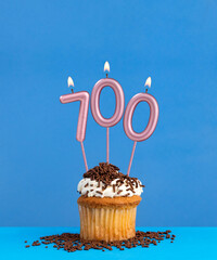 Candle number 700 - Birthday card with cupcake on blue background