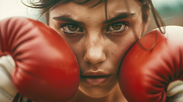 Intimate shot of a determined female boxer wearing gloves and ready to spar 