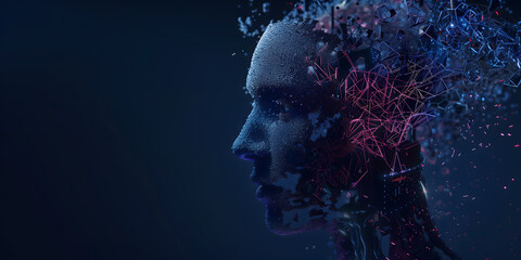 An abstract face dissolving into burst  white particles against blue background