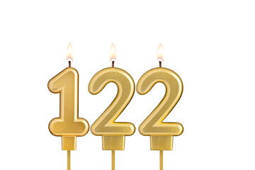 Birthday candle number 122 on white background