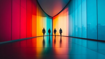 Three People in Suits Walking Through Office with Rainbow Gradient Lighting