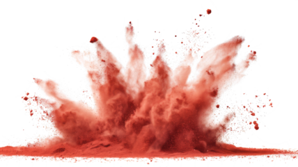 Dry Soil explosion with dirt and cloud smoke. Isolated on white background. Dirty ground abstract spread with flying particles