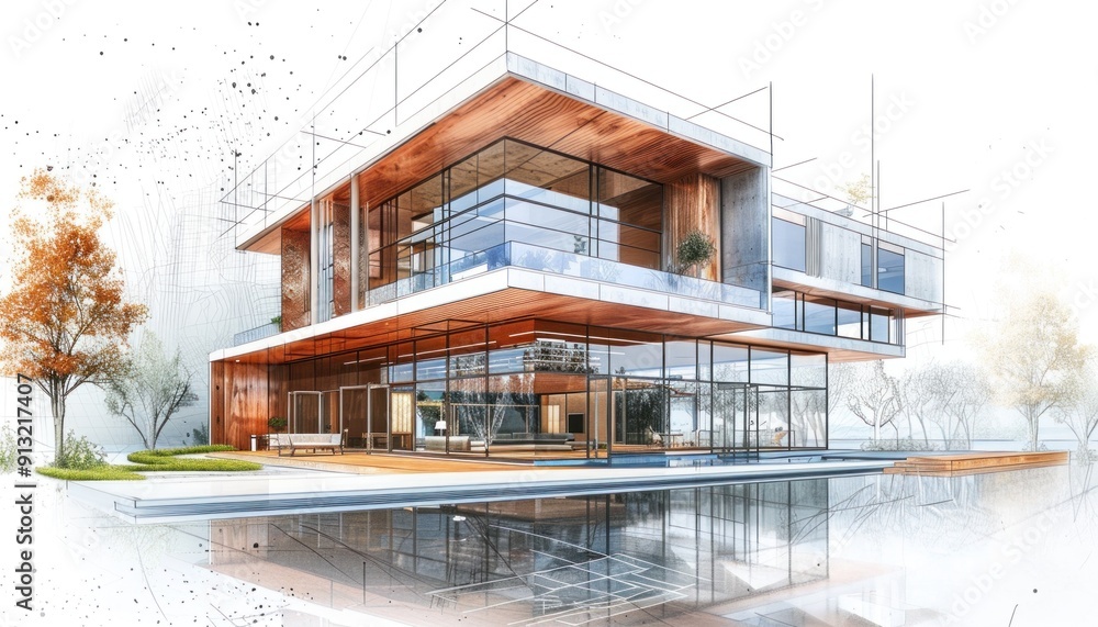 Poster modern and luxurious villa is being built with an architectural sketch overlapping the image