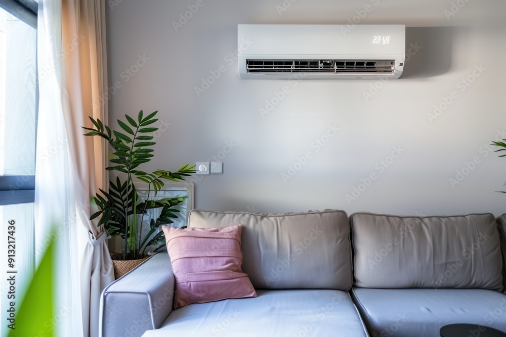Poster a cozy and modern living room features a mounted air conditioner and lush greenery, creating a fresh
