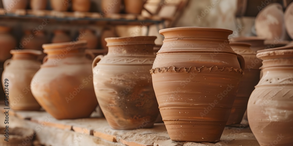 Poster a row of clay vases are displayed on a shelf. the vases are of various sizes and shapes, and they ar