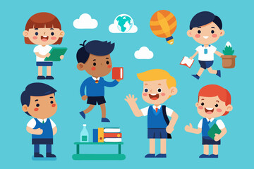  School kids student characters set vector art illustration