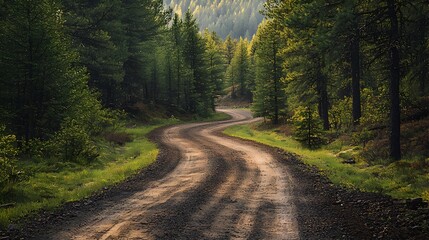 Obraz premium Winding forest road, with a sunlit path ahead.