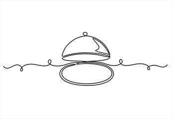 Continuous one line drawing of a food tray and tray lid. Service in a restaurant.  Standard serving. Single line draw design vector illustration